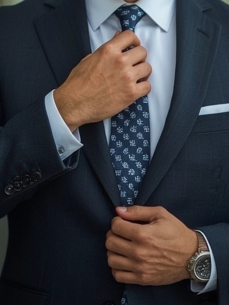Mężczyzna w garniturze trzymający za krawat
